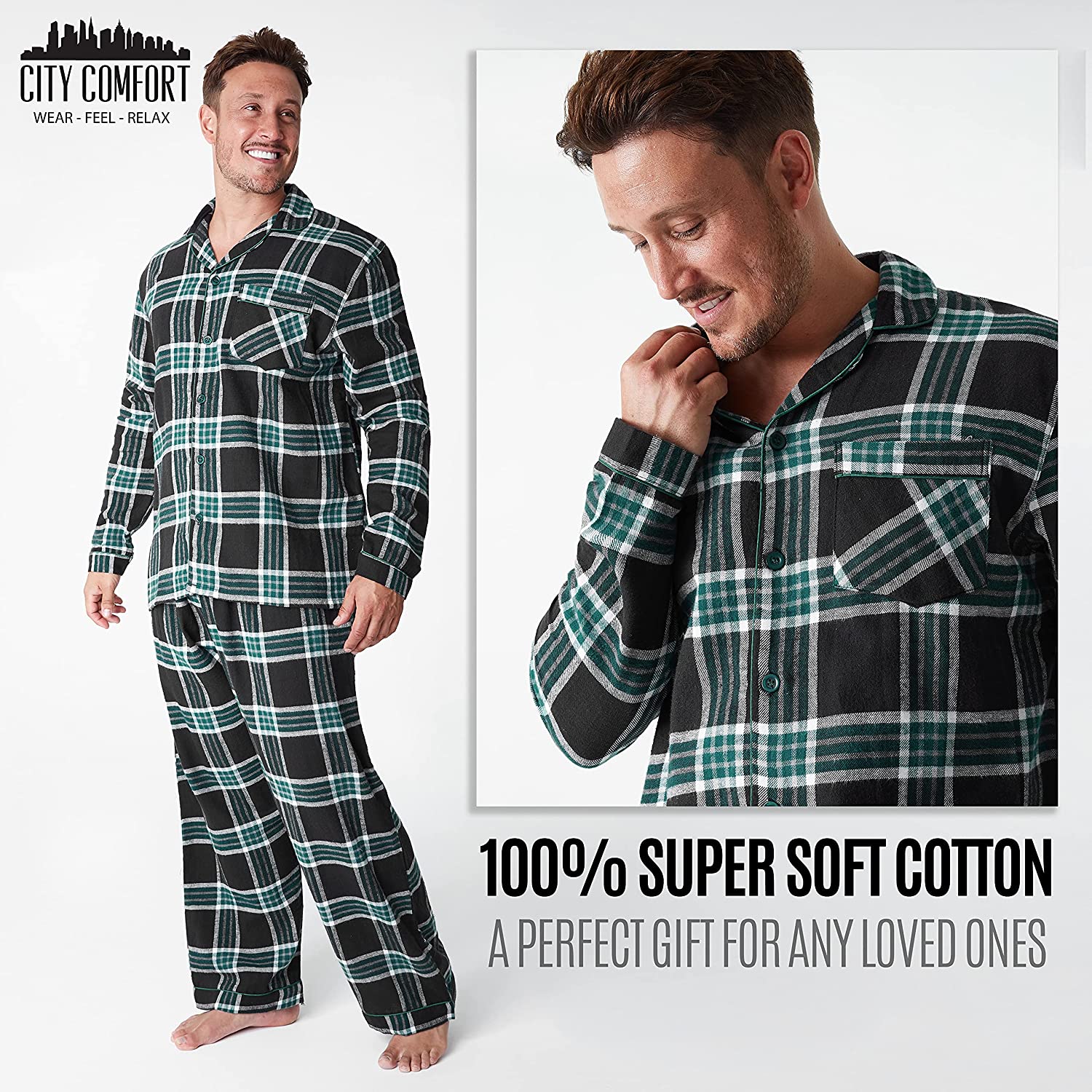 CityComfort Mens Pyjamas Set, Tartan Brushed Cotton Pyjamas - Get Trend