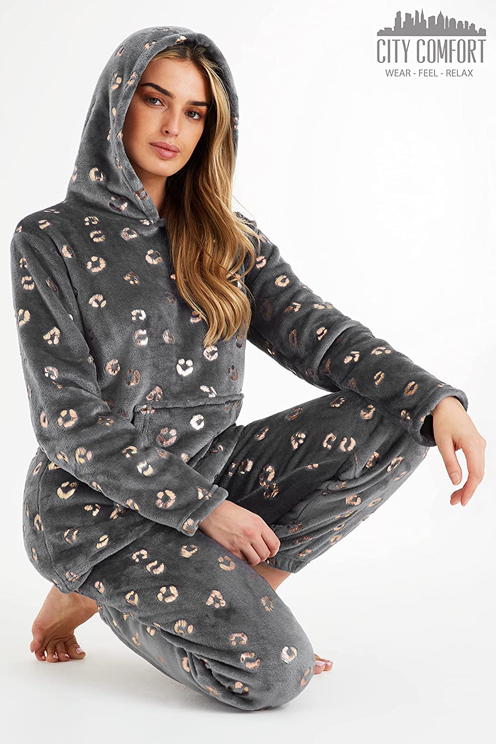 CityComfort Womens Pyjamas, Warm Fleece Hooded Pyjamas for Women Sets