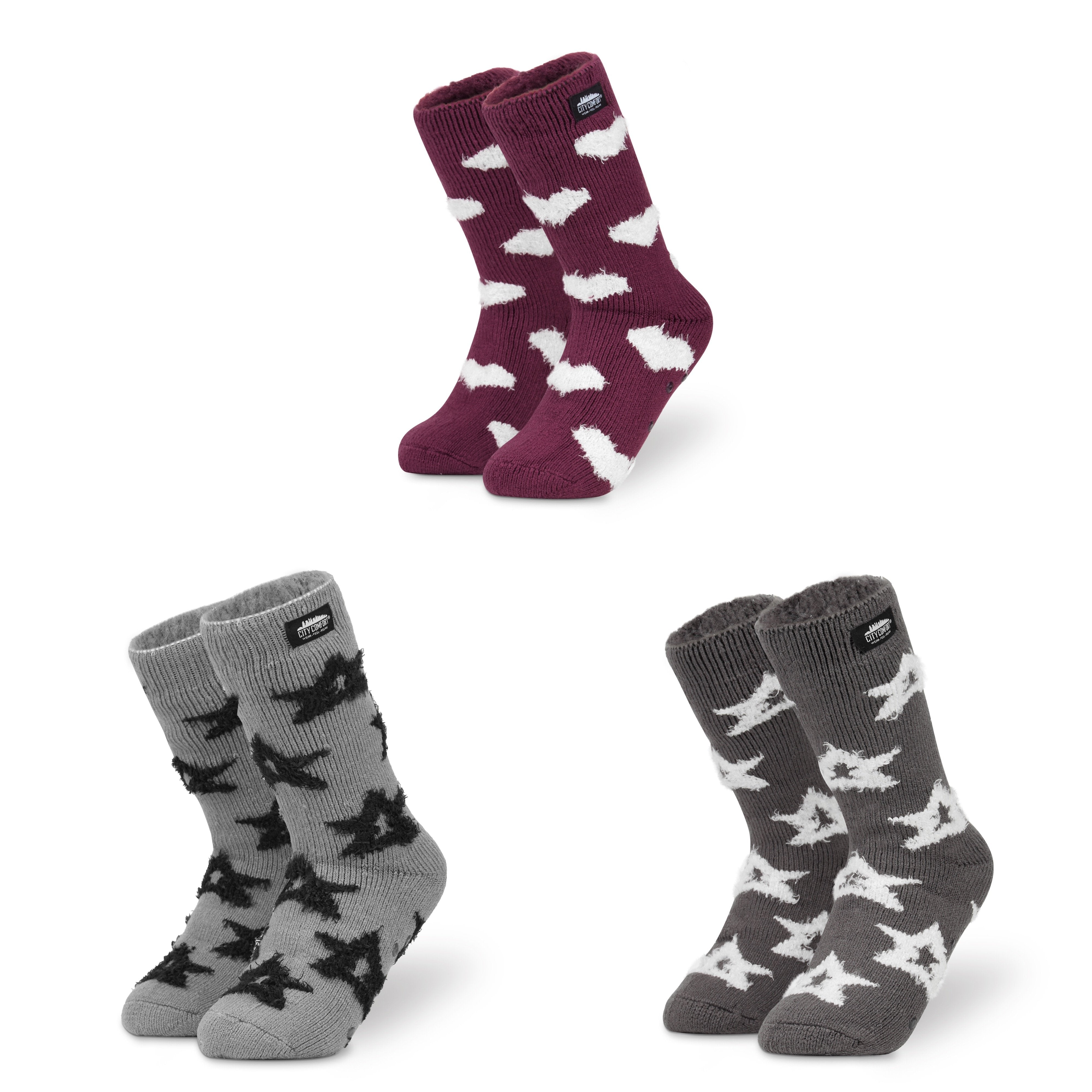 thumbnail image 2 of CityComfort Slipper Socks Women Teens - Fluffy Socks Non-Slip Warm Fleece One Size Lounge Wear - Gifts For Women, Burgundy White 2 of 12