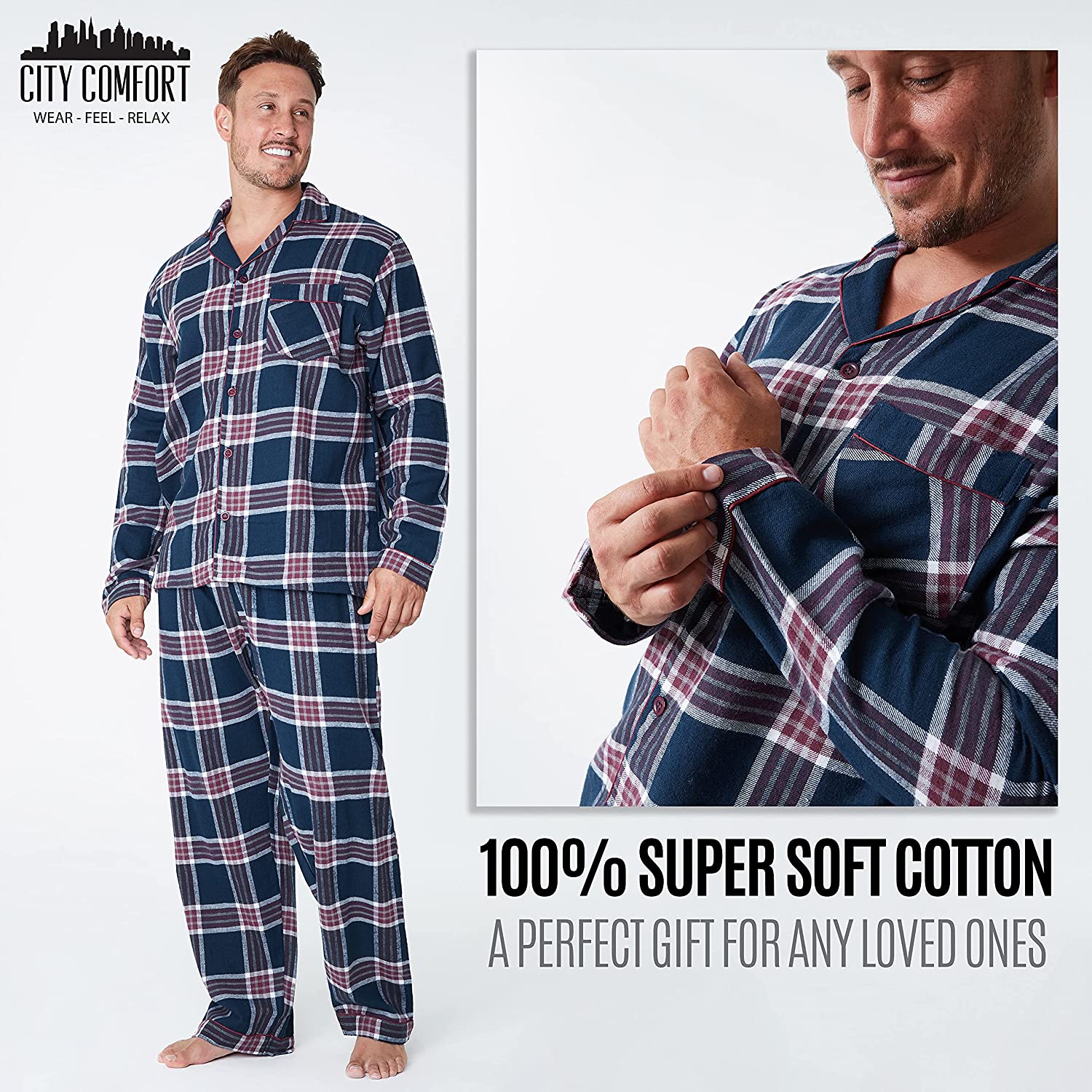 CityComfort Mens Pyjamas Set, Tartan Brushed Cotton Pyjamas - Get Trend
