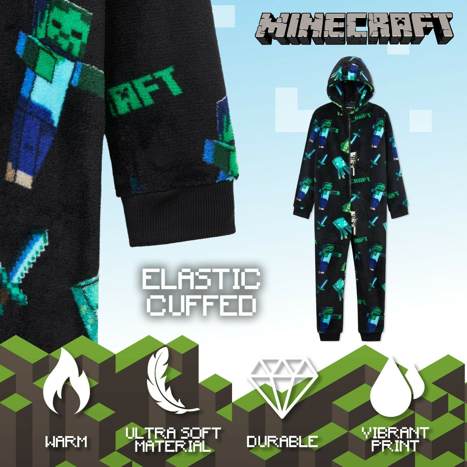 Minecraft Onesie for Boys, Kids Pyjamas, Soft Hooded Gaming Sleepsuit Sleepwear - Get Trend