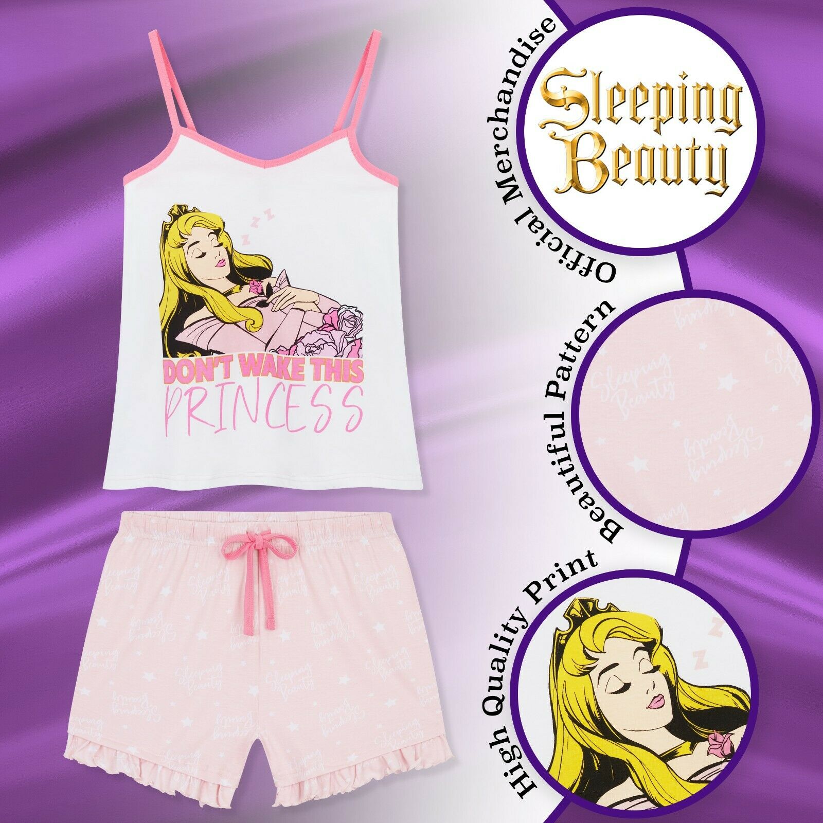 Disney Ladies Pyjamas Set, Cami Top & Sleep Shorts Sleeping Beauty Women PJs - Get Trend
