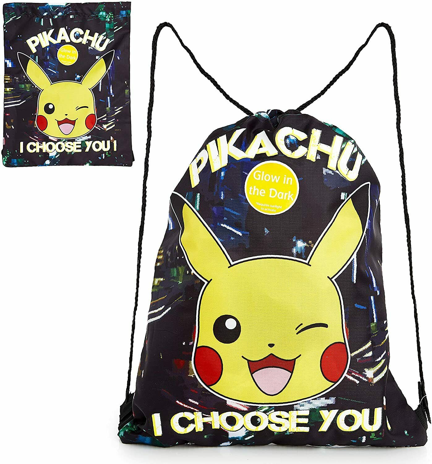 Pokemon Drawstring, Gym, Lightweight Black Bag, Glow in the Dark Kids Adults - Get Trend