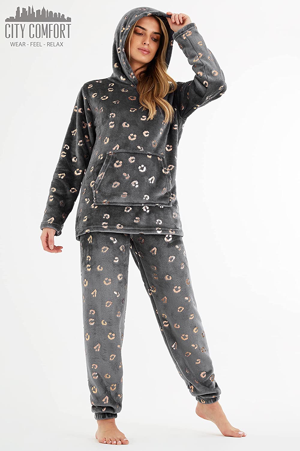 CityComfort Womens Pyjamas, Warm Fleece Hooded Pyjamas for Women Sets