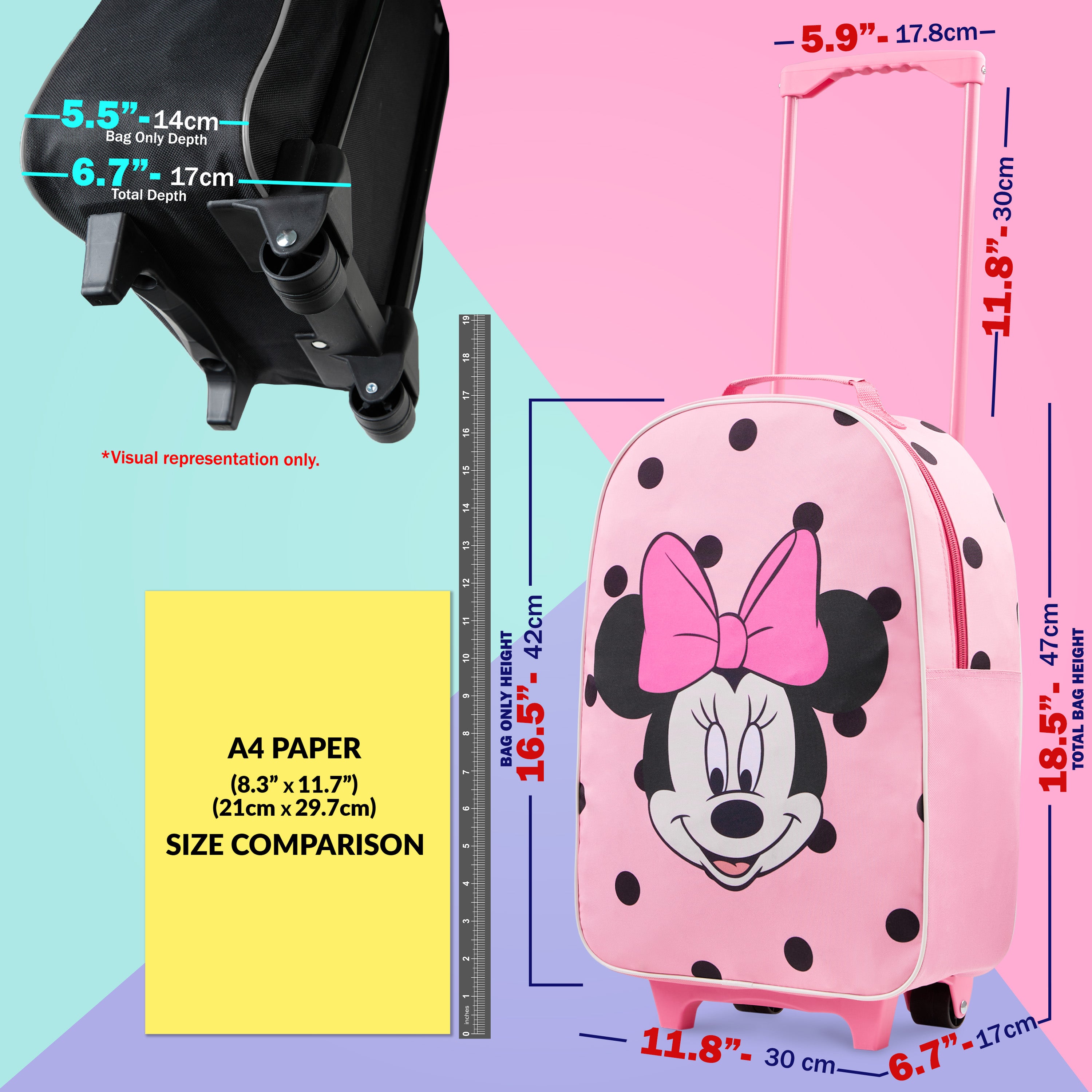 Disney Kids Suitcase - Foldable Trolley Bag 47 x 30cm, 2 Wheels Extendable Handle - Get Trend