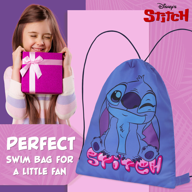 Disney Kids Drawstring Bags, 29 x 38cm Swimming Bag with Airflow Vent - Stitch - Get Trend