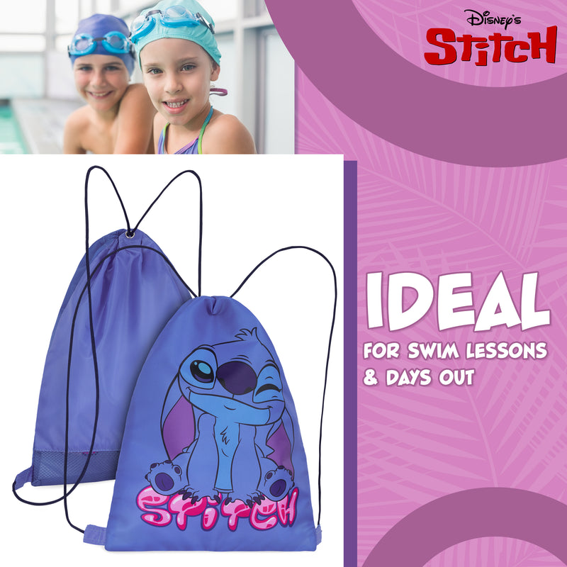 Disney Kids Drawstring Bags, 29 x 38cm Swimming Bag with Airflow Vent - Stitch - Get Trend