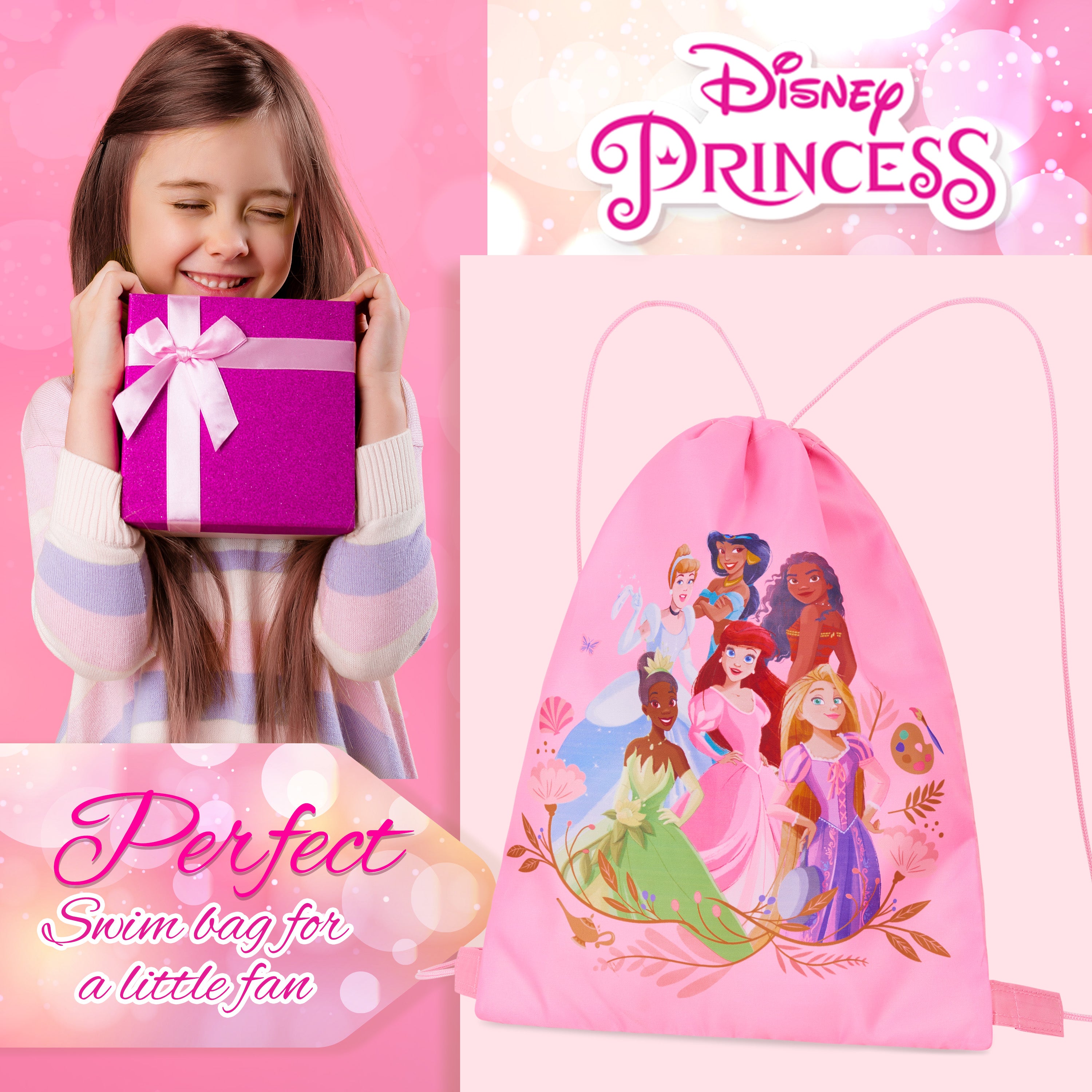 Disney Kids Drawstring Bags, 29 x 38cm Swimming Bag with Airflow Vent - Princess - Get Trend