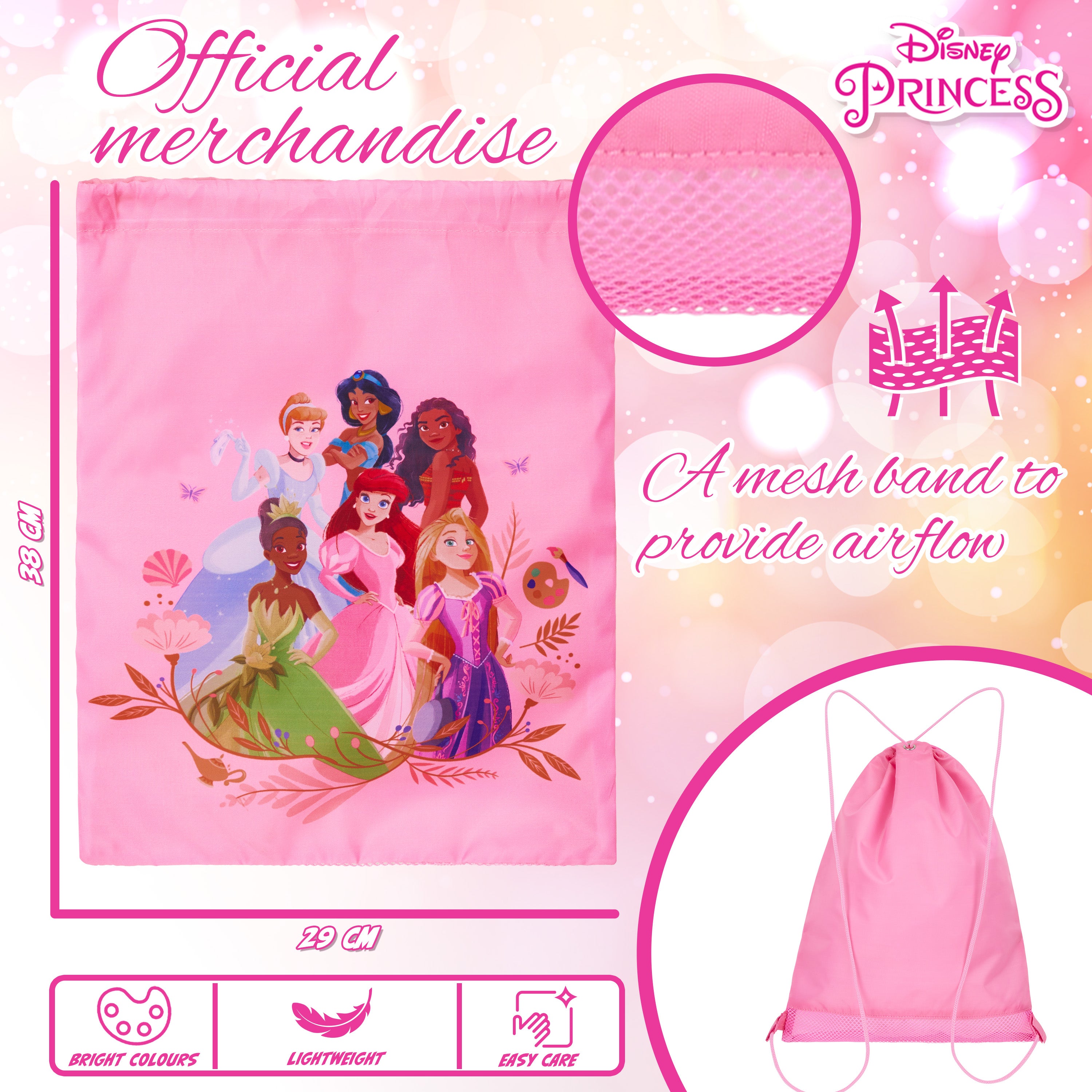 Disney Kids Drawstring Bags, 29 x 38cm Swimming Bag with Airflow Vent - Princess - Get Trend