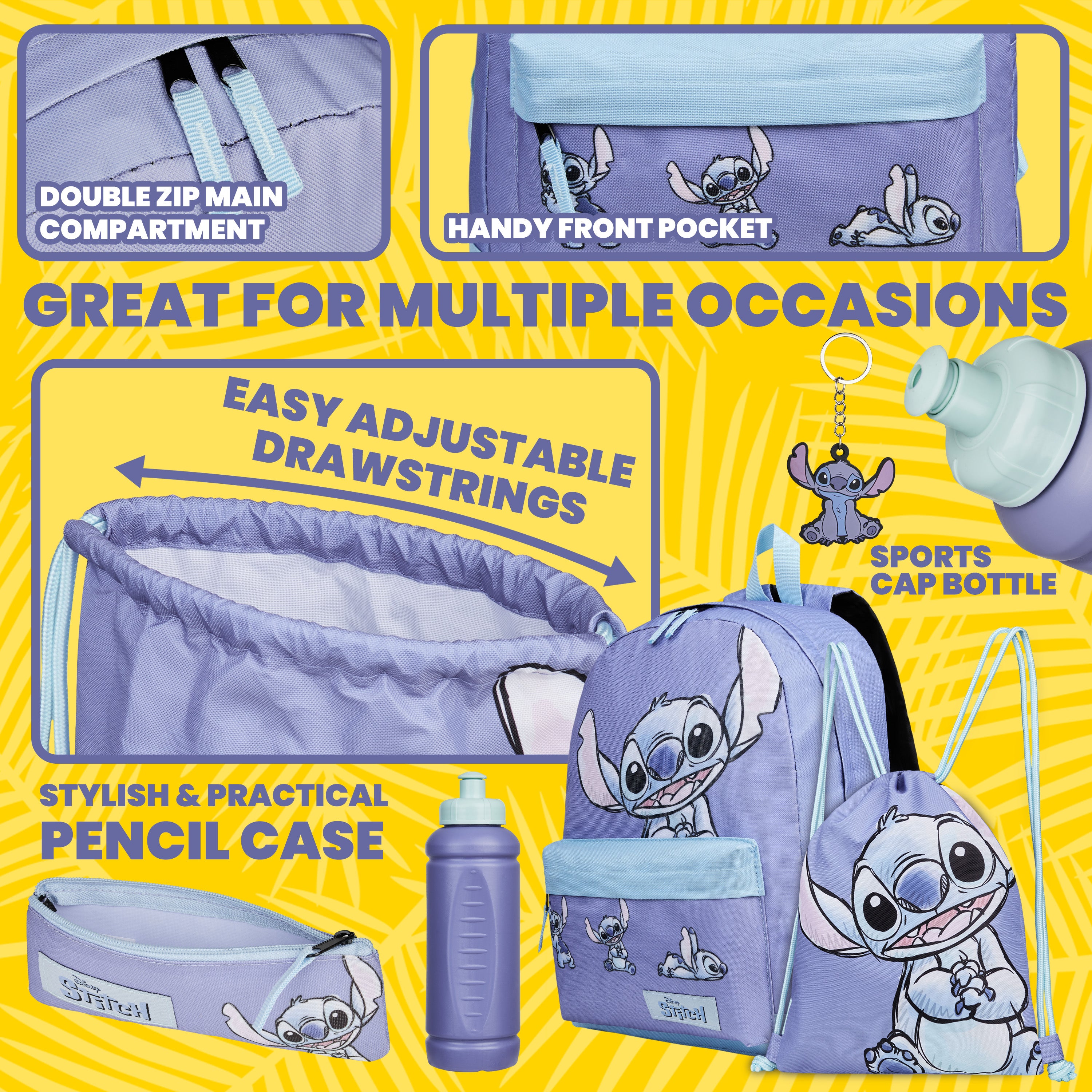 Disney Stitch Backpack School Supplies Set 5 Pieces with Rucksack Swimming Bag Pencil Case Water Bottle and Keyring Back to School Stitch Gifts - Get Trend