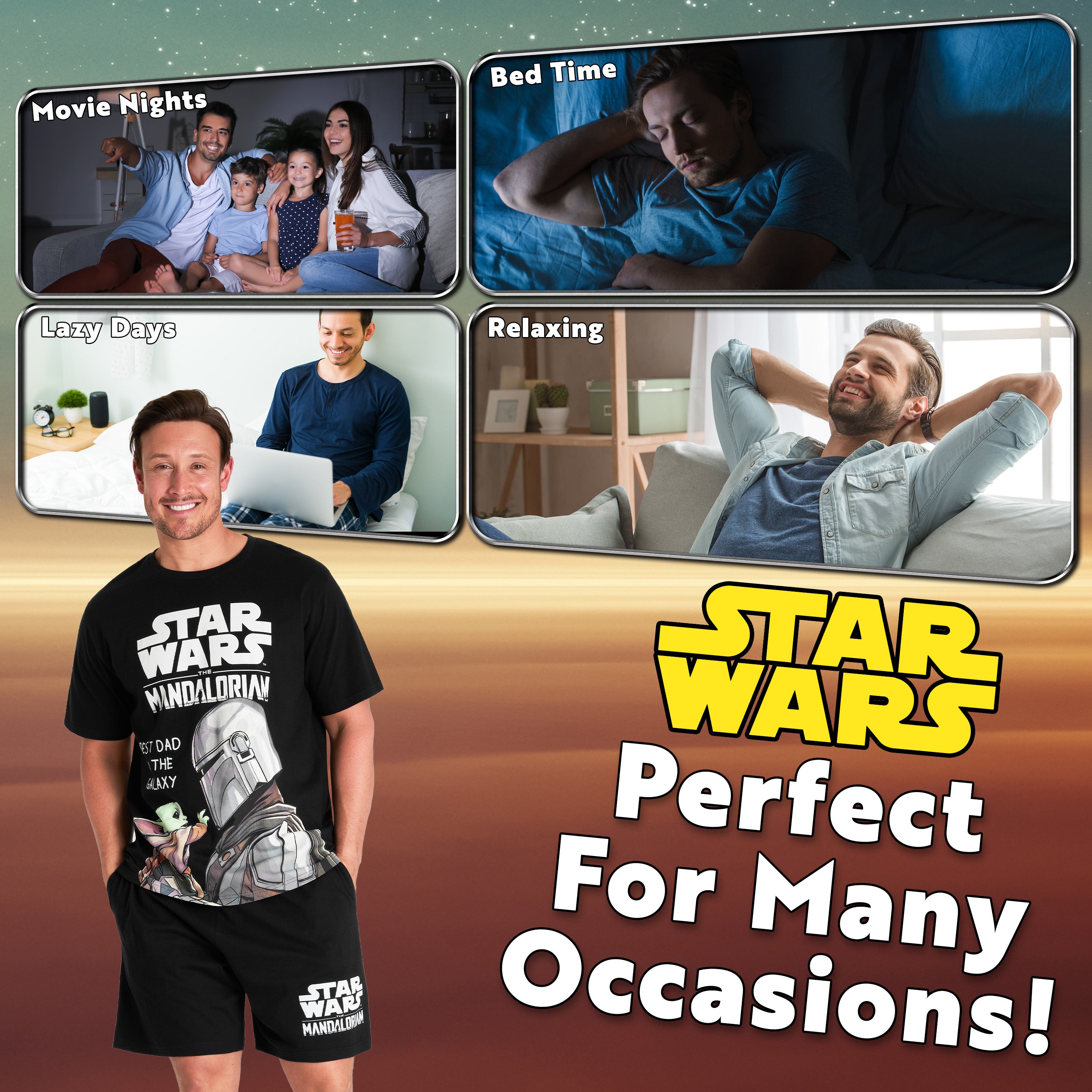 Disney Star Wars Mens Short Pyjamas Set, Dad Loungewear - Baby Yoda - Get Trend