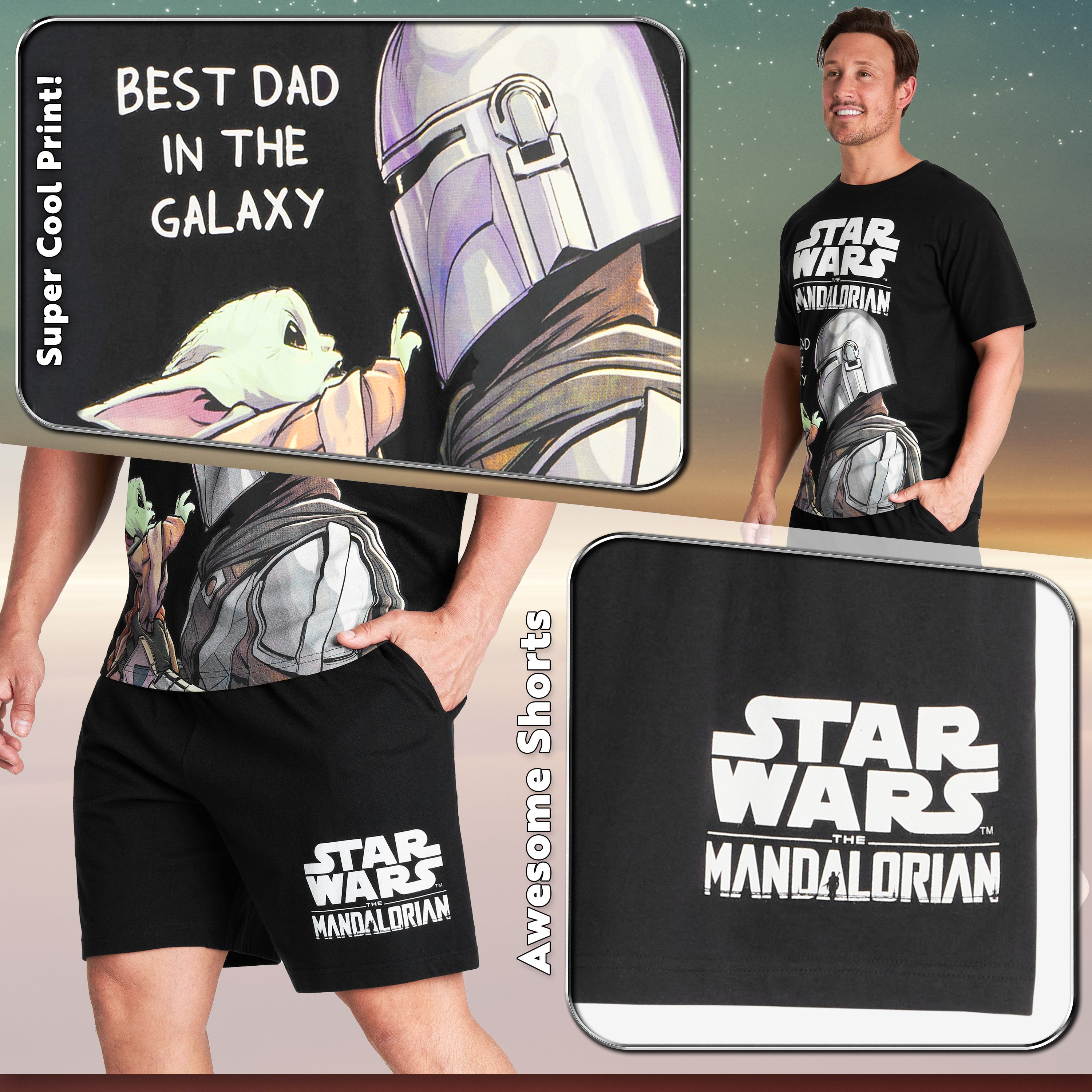 Disney Star Wars Mens Short Pyjamas Set, Dad Loungewear - Baby Yoda - Get Trend