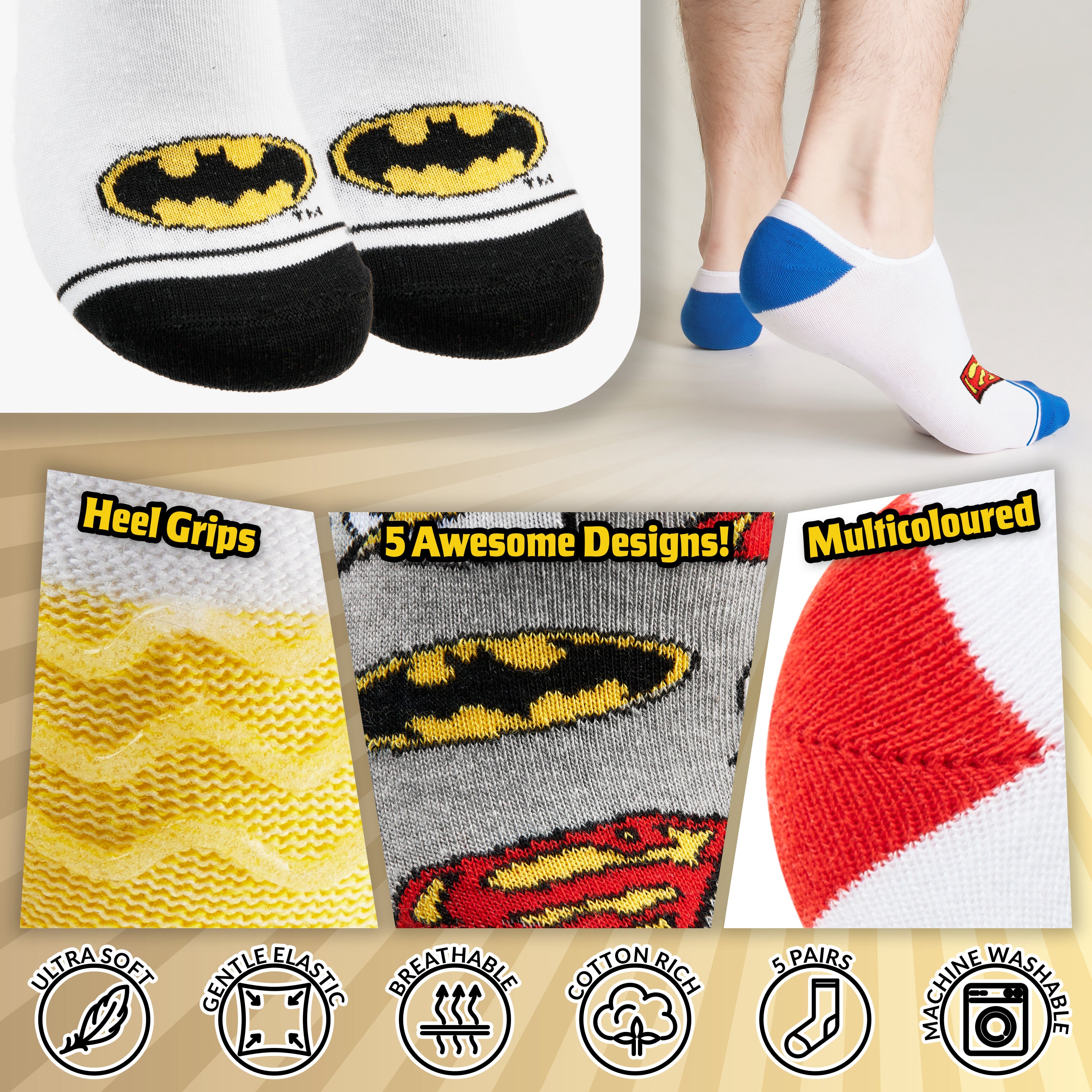 DC Comics No-Show Socks – Pack of 5 (Size 8-11) 6