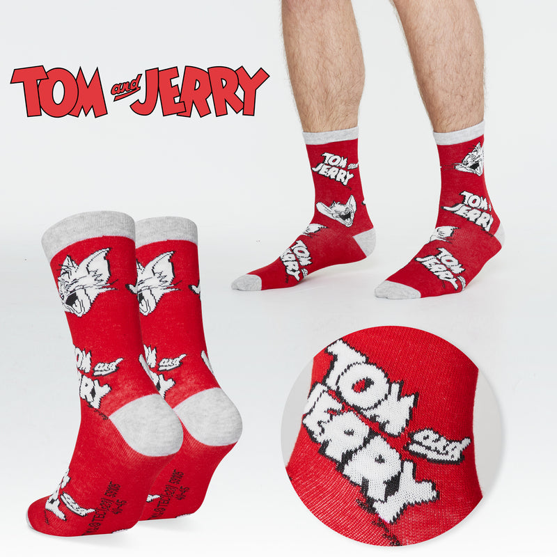 Tom and Jerry Mens Socks - Pack of 5 Crew Socks for Men - Grey/Red