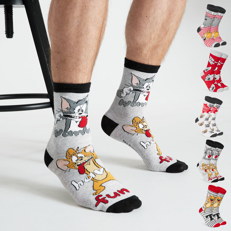 Tom and Jerry Mens Socks - Pack of 5 Crew Socks for Men - Grey/Red
