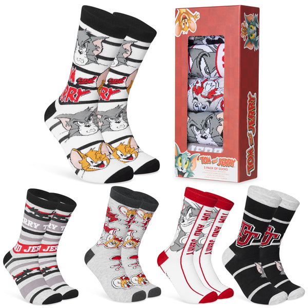 Tom and Jerry Mens Socks - Pack of 5 Crew Socks for Men - Grey/Multi