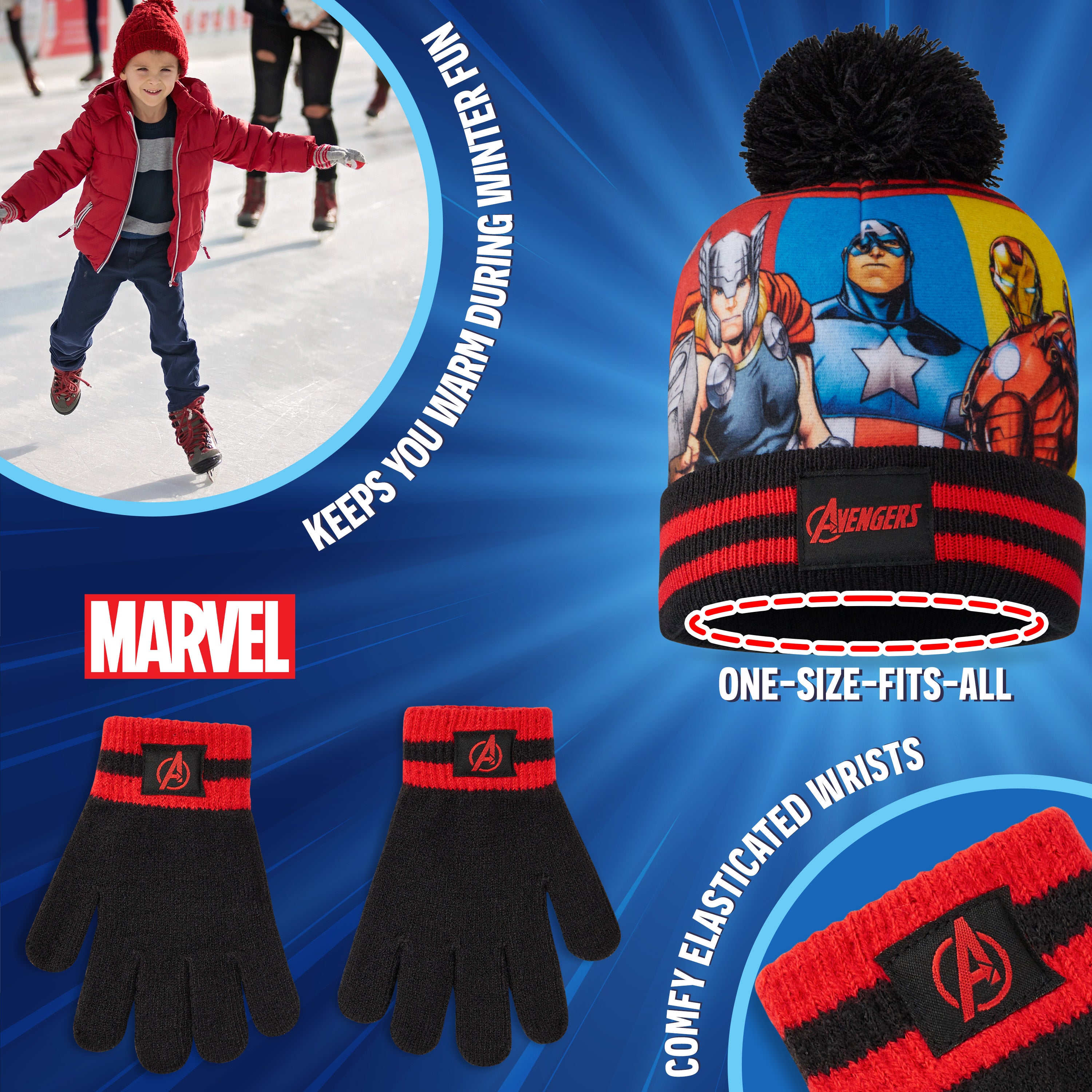 Marvel Beanie Hat and Gloves Set Kids - Avengers 2 Piece Winter Set - Get Trend