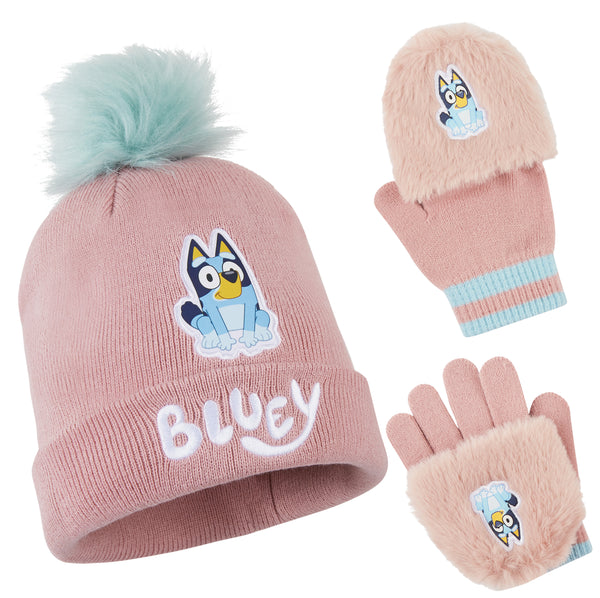 Bluey Girls Winter Accessories Set, Beanie Hat and Gloves - Gifts for Girls