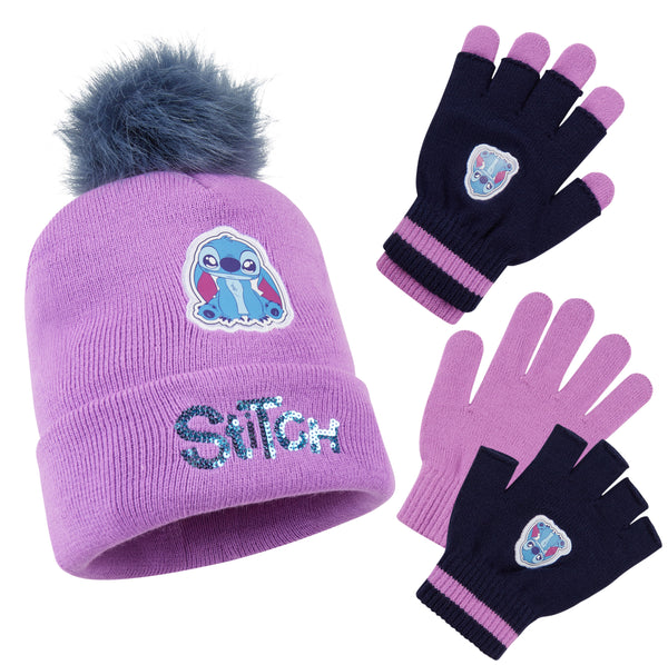 Disney Stitch Girls Winter Accessories Set, Beanie Hat and Gloves - Stitch Gifts