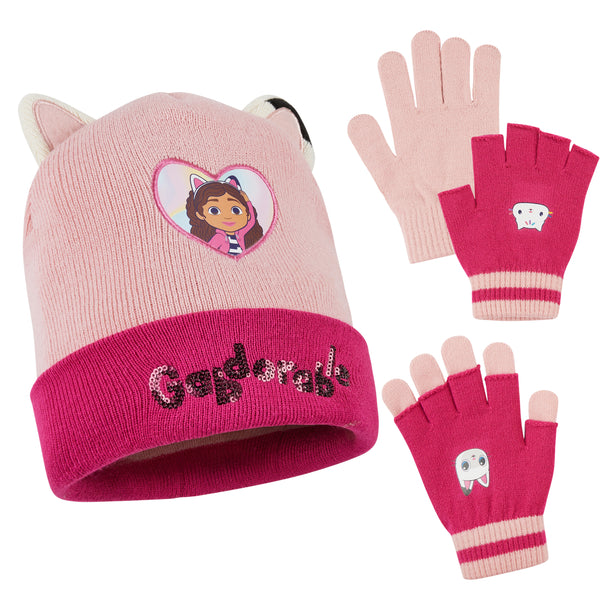 Gabby's Dollhouse Girls Winter Accessories Set Beanie Hat and Gloves Girls Gifts