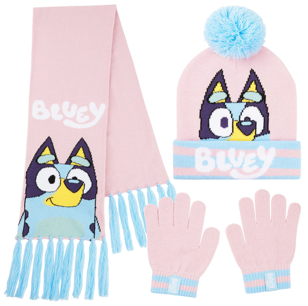 Bluey Hat Scarf and Gloves Set Girls - Beanie Scarf and Girls Gloves One Size Cosy Winter Accessories - Gifts for Girls