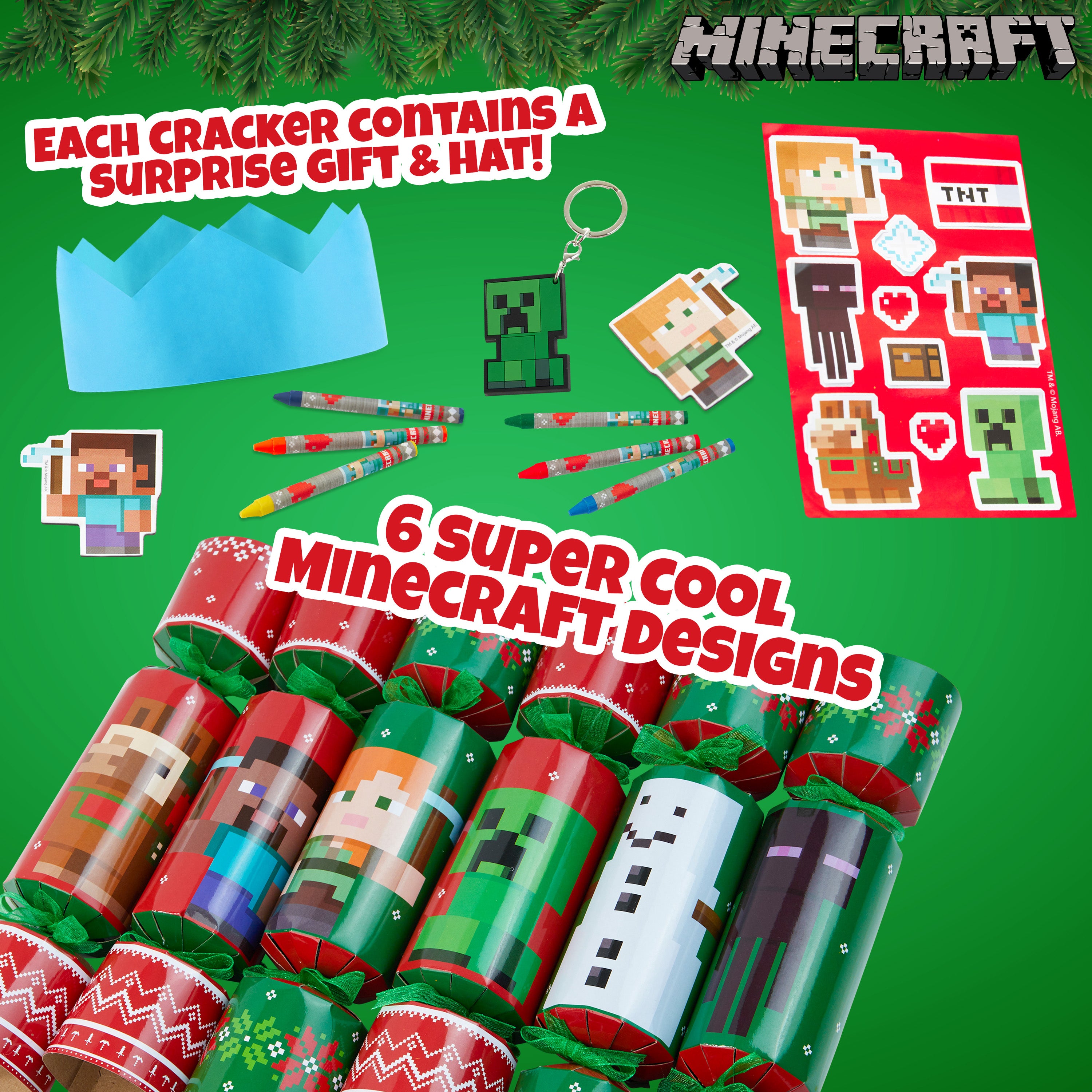 Minecraft Christmas Crackers Pack of 6 Mini Creeper Crackers for Kids with Gifts Keychain Crayons Stickers Gamer Gifts - Get Trend