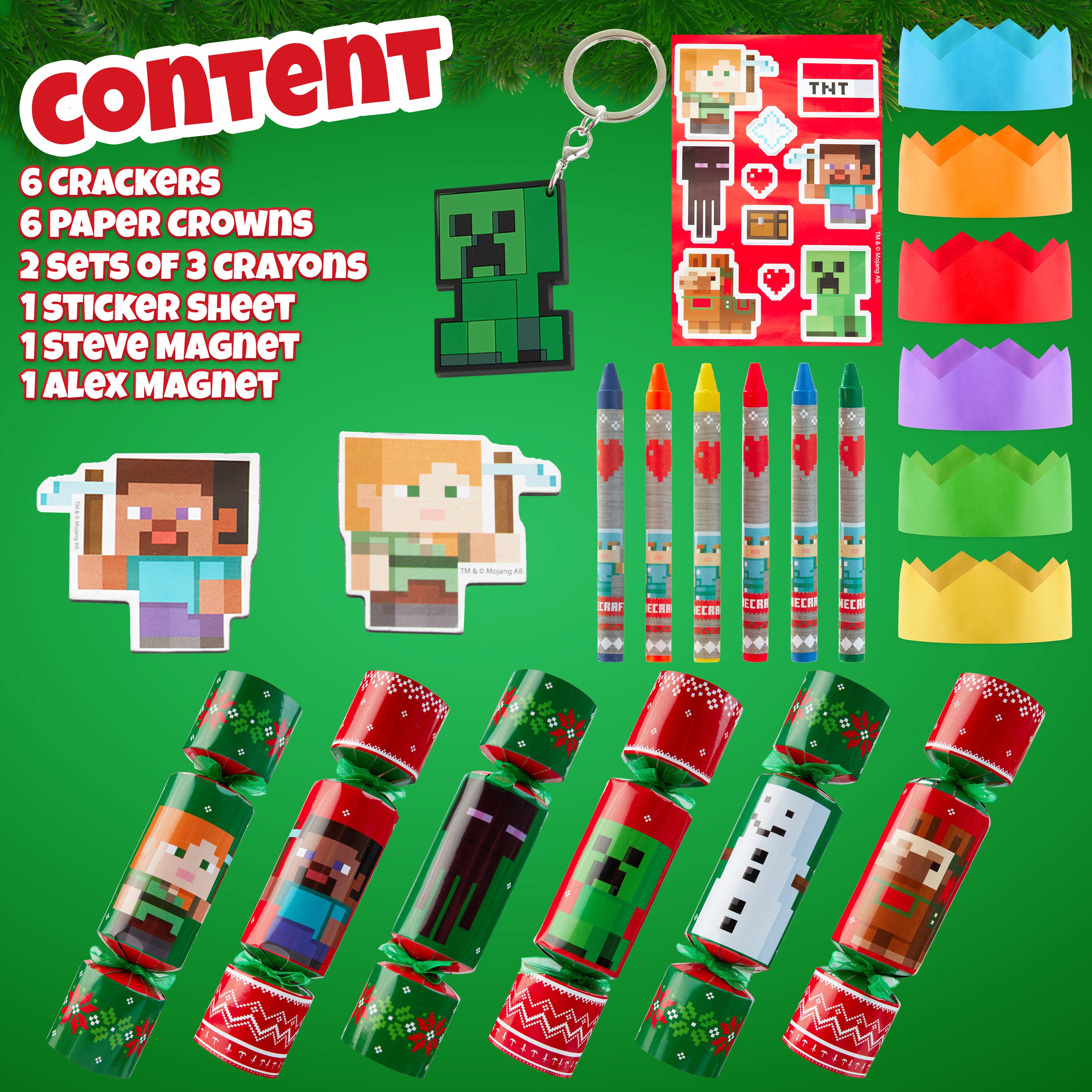 Minecraft Christmas Crackers Pack of 6 Mini Creeper Crackers for Kids with Gifts Keychain Crayons Stickers Gamer Gifts - Get Trend