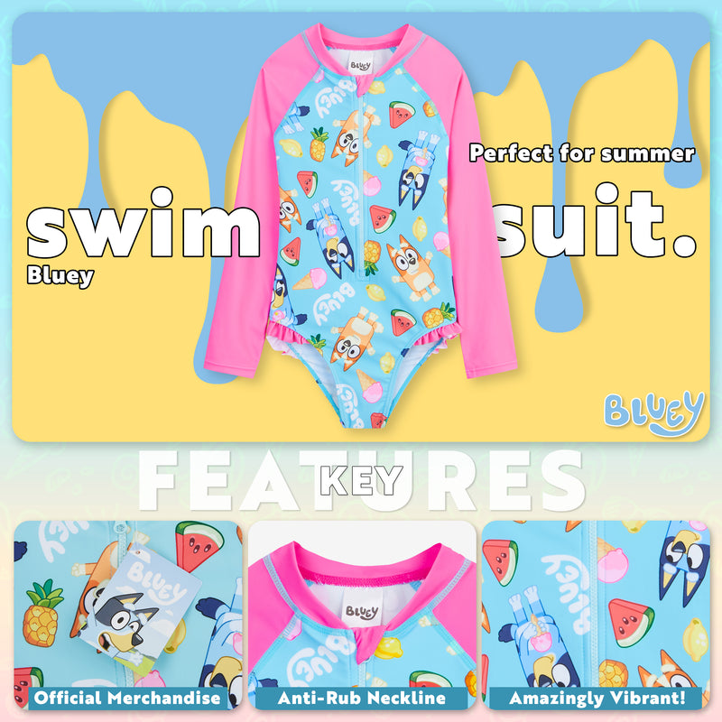 Bluey Girls Swimming Costume, Long Sleeve Swimwear