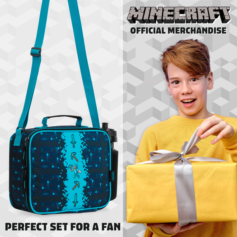 Minecraft Insulated Lunch Bag with Water Bottle for Kids Creeper Gifts (Blue)