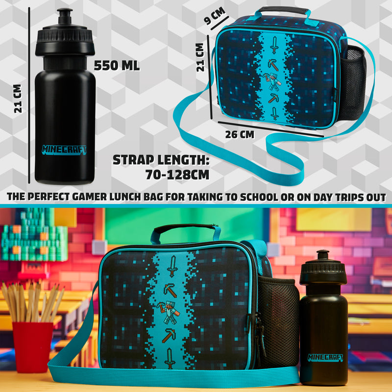 Minecraft Insulated Lunch Bag with Water Bottle for Kids Creeper Gifts (Blue)