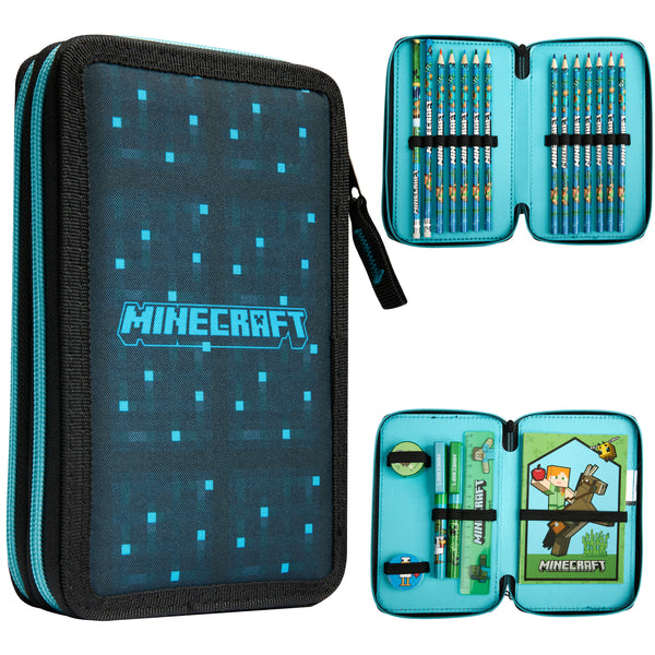 Minecraft Filled Pencil Case for Kids with Multiple Compartments, Stationery Included