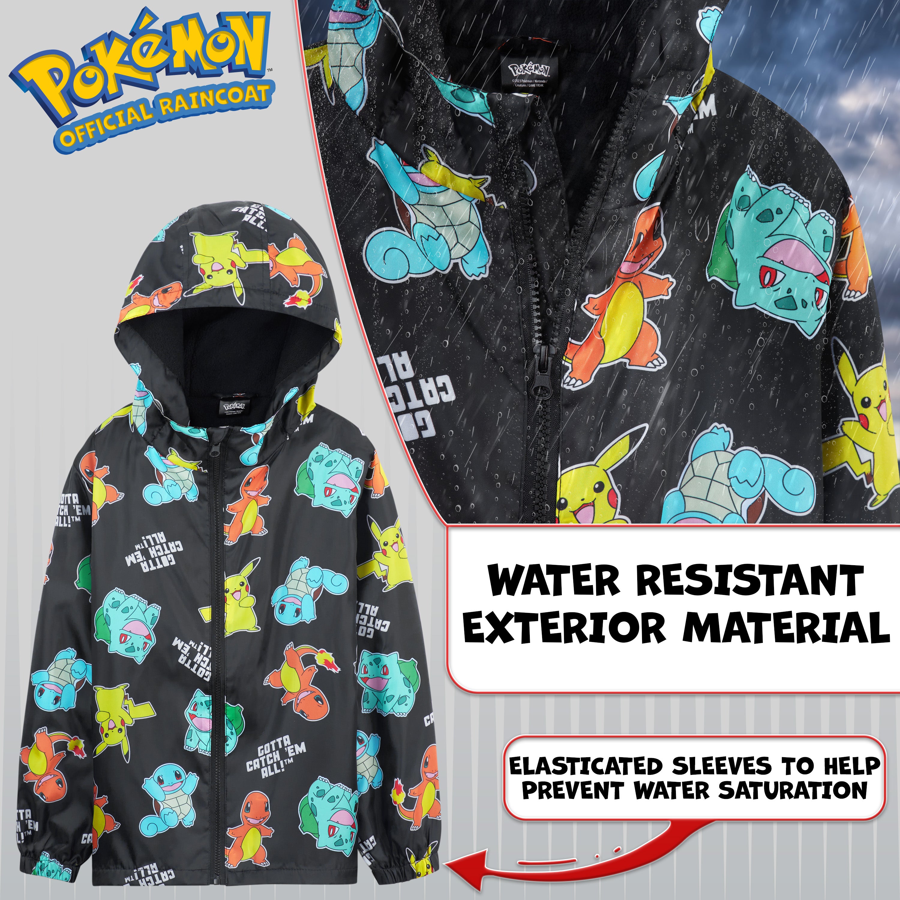 Pokemon Kids Waterproof Jacket - Fleece Lined Rain Coat - Get Trend