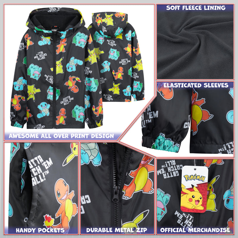 Pokemon Kids Waterproof Jacket - Fleece Lined Rain Coat