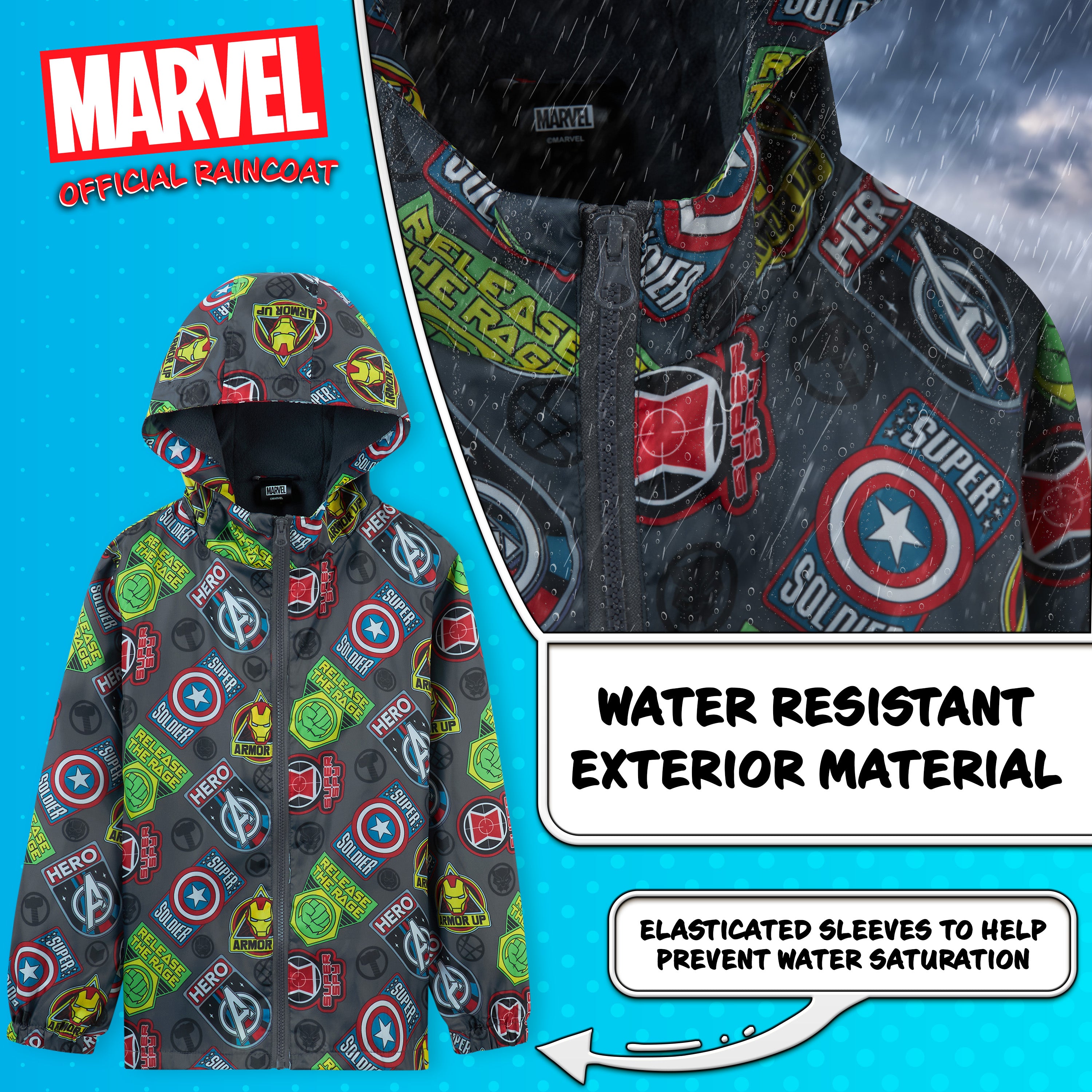 Marvel Boys Waterproof Jacket, Fleece Lining Raincoat for Boys - Get Trend