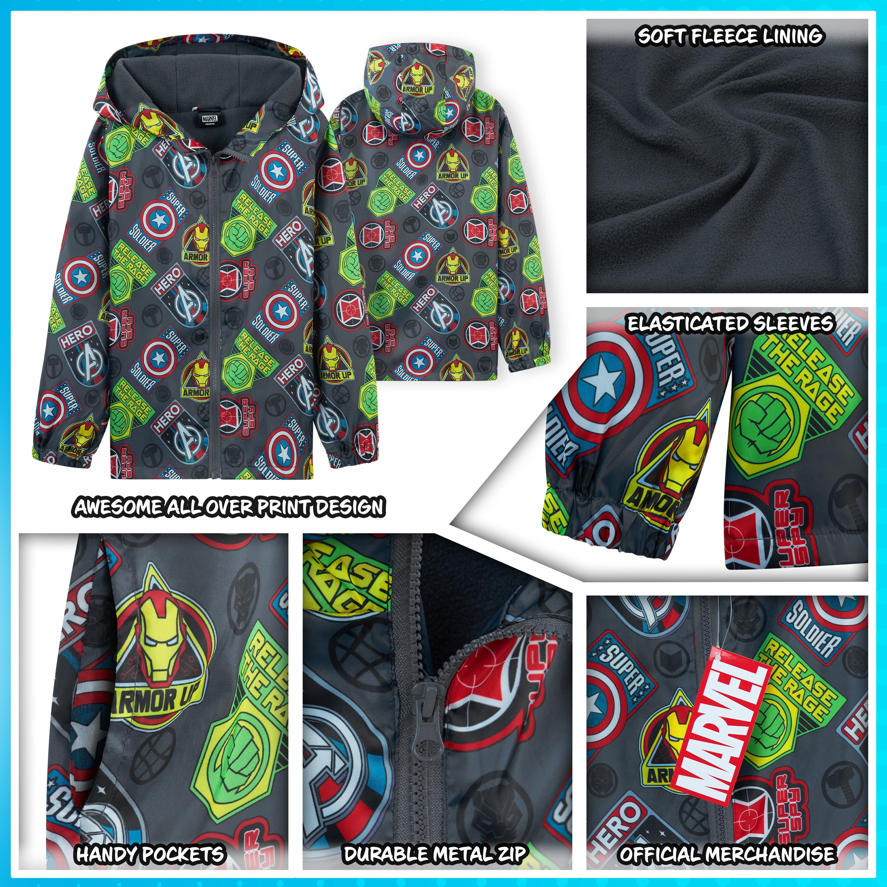 Marvel Boys Waterproof Jacket, Fleece Lining Raincoat for Boys - Get Trend