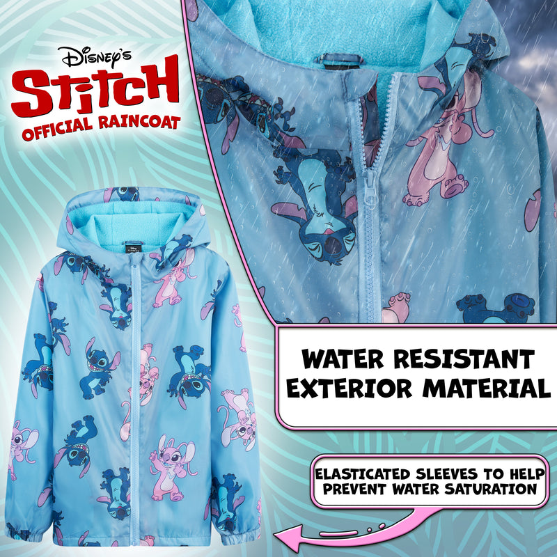 Disney Stitch Girls Raincoat - Waterproof Hooded Jacket for Kids