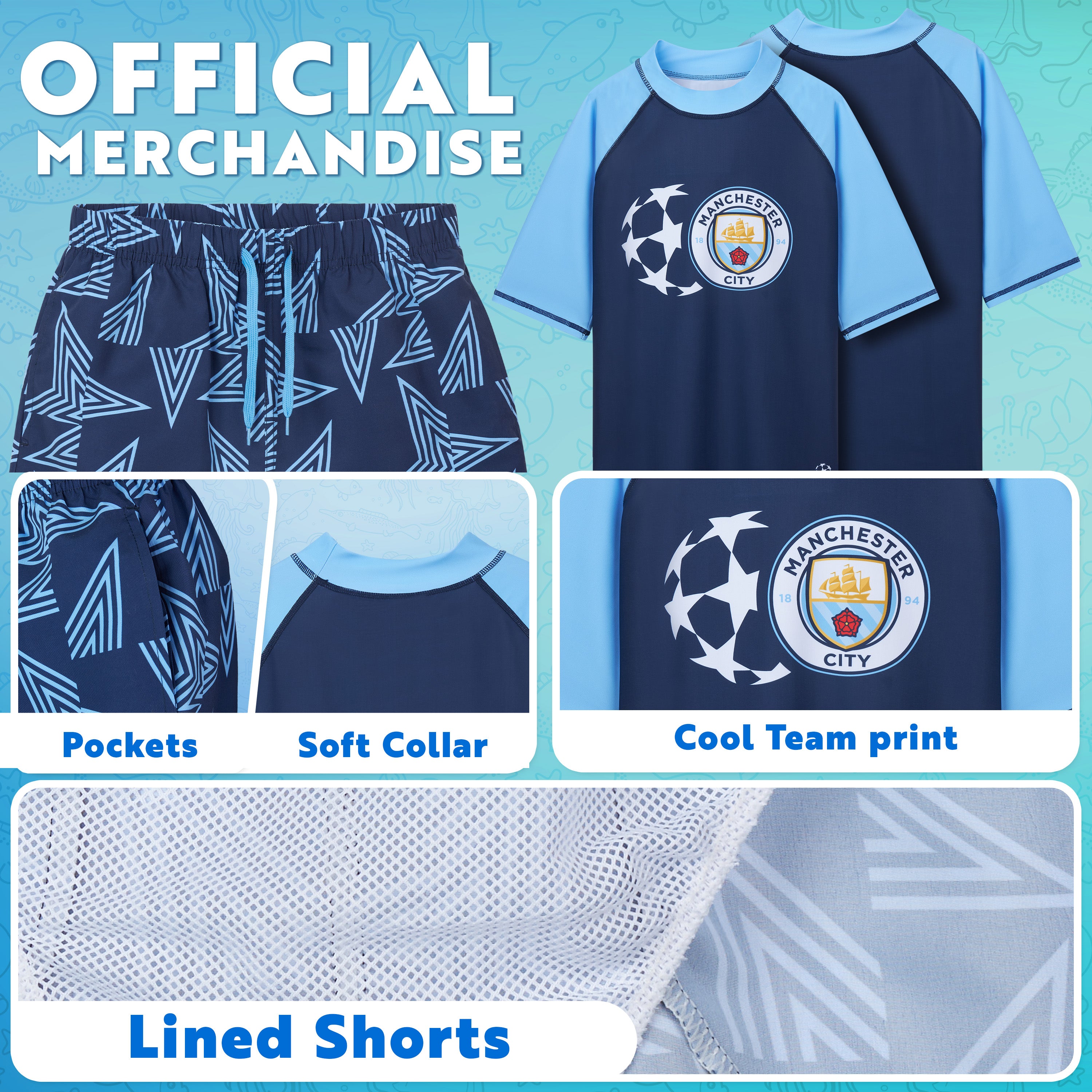 MANCHESTER CITY F.C. Swimsuit Set Boys 2 Pcs Swimming Costume Swim Shorts Rash Vest - Get Trend
