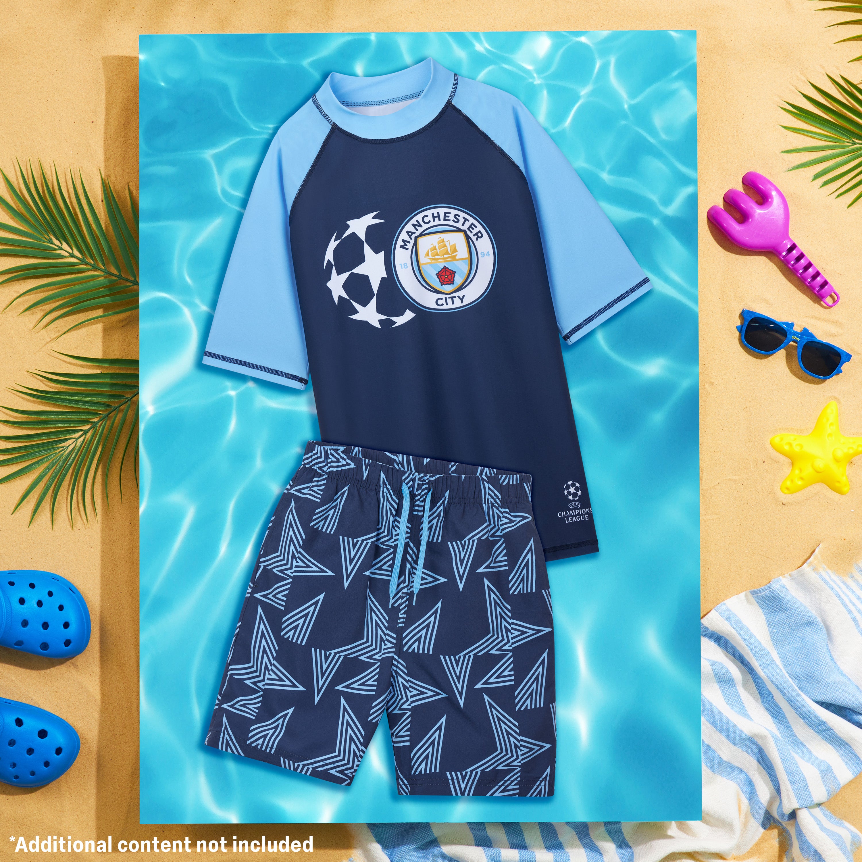 MANCHESTER CITY F.C. Swimsuit Set Boys 2 Pcs Swimming Costume Swim Shorts Rash Vest - Get Trend