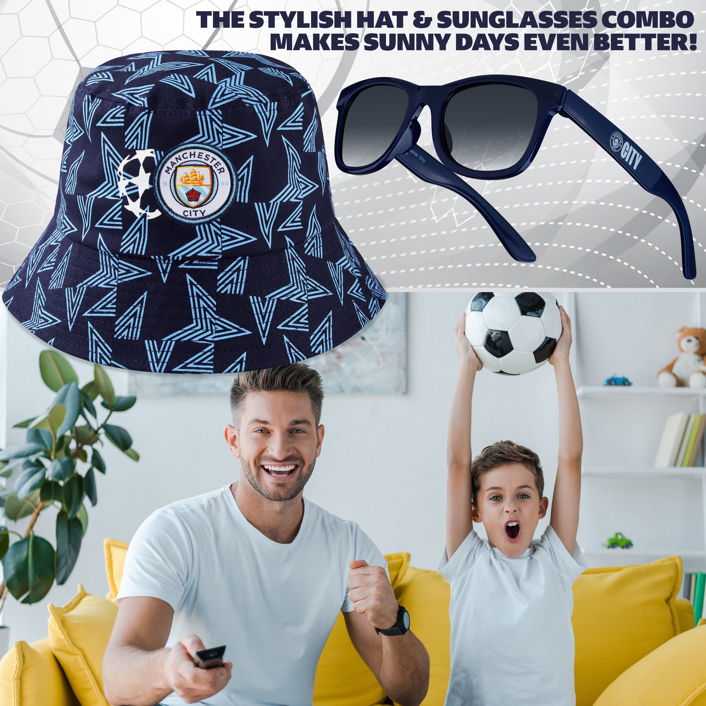 MANCHESTER CITY F.C. Bucket Hat and Kids Sunglasses Set Summer Sun Hat 100% UV - Get Trend