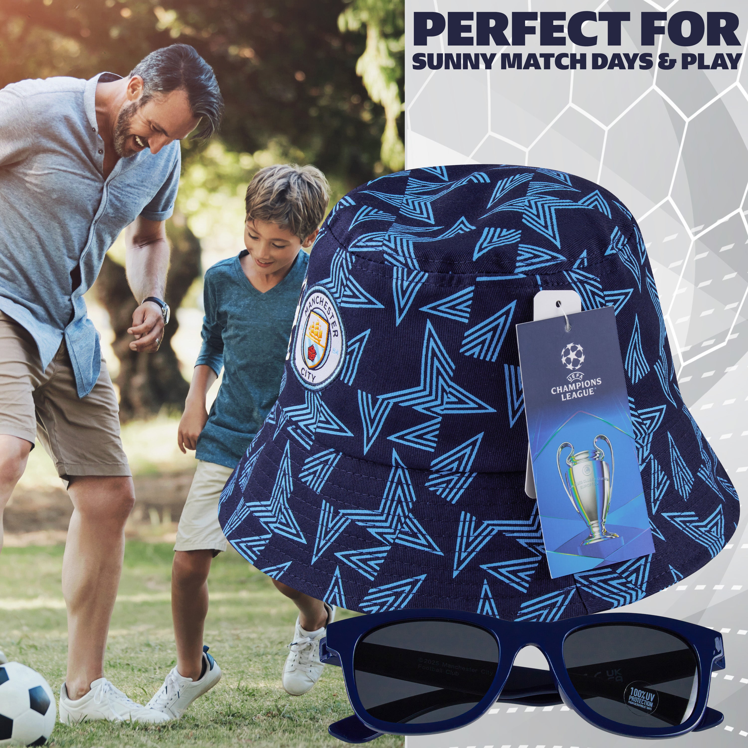 MANCHESTER CITY F.C. Bucket Hat and Kids Sunglasses Set Summer Sun Hat 100% UV - Get Trend