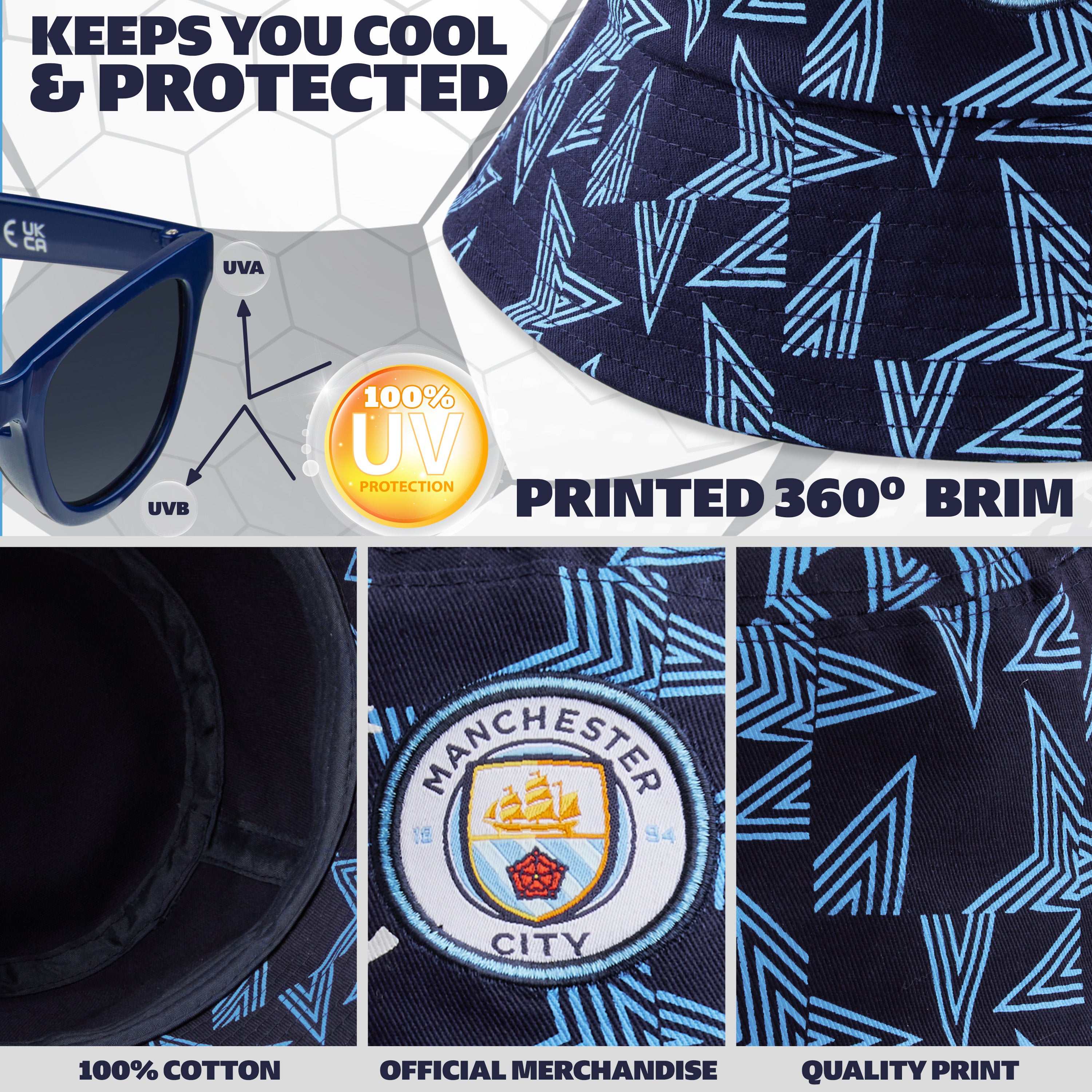 MANCHESTER CITY F.C. Bucket Hat and Kids Sunglasses Set Summer Sun Hat 100% UV - Get Trend