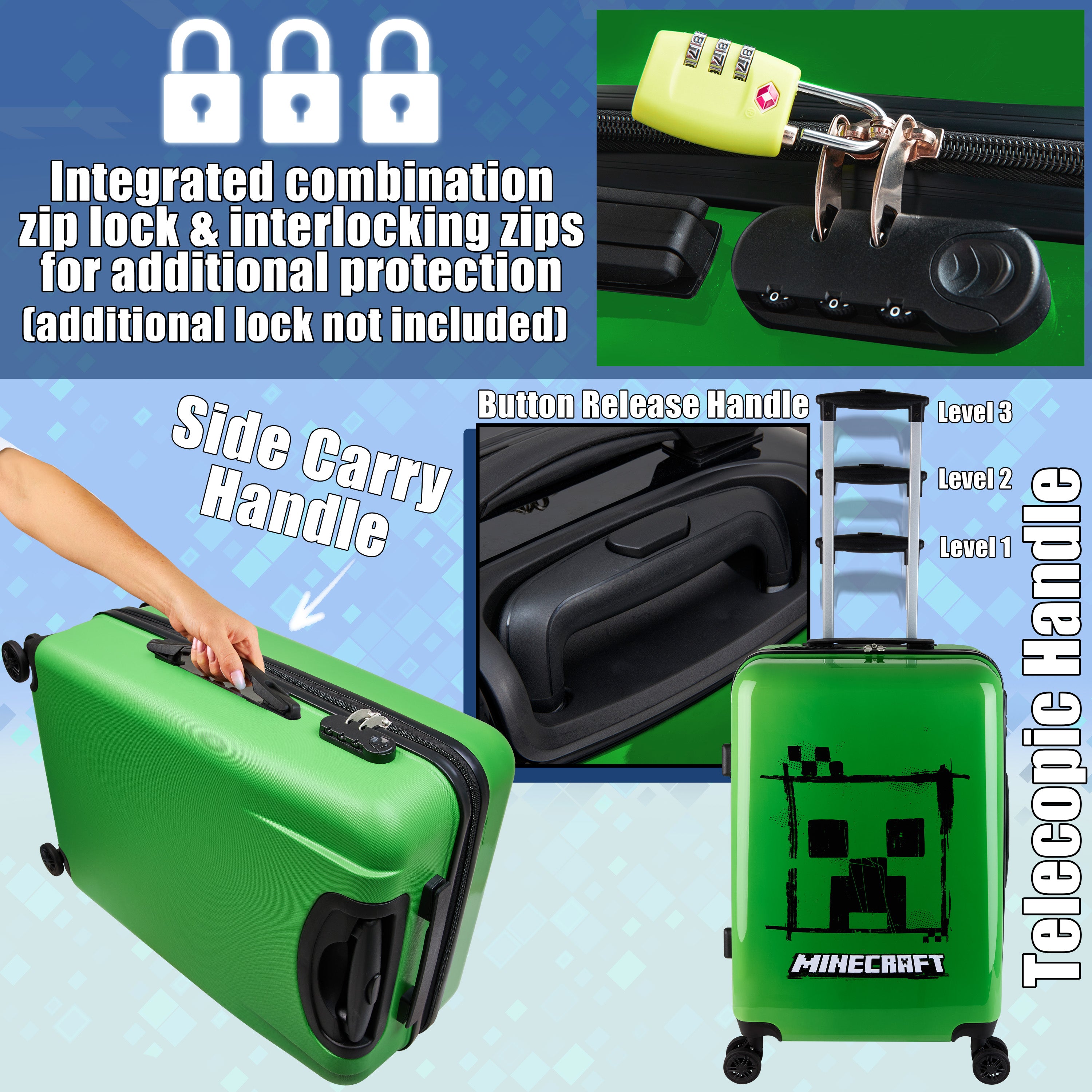 Minecraft Suitcase Kids Teens Creeper Hard Shell Luggage Travel Case 4 Wheels Handle Travel Essentials Holiday School Trips (Green, M/L66.5cm x W45.5-46L) - Get Trend