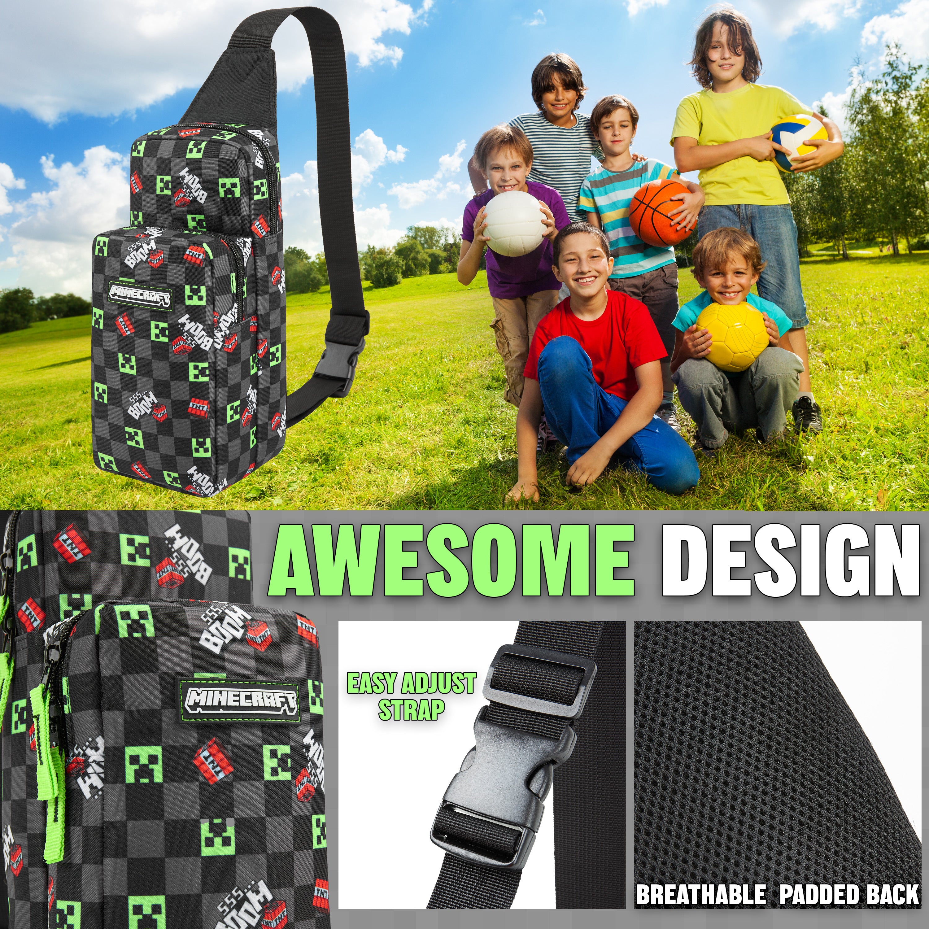 Minecraft Crossbody Bag for Boys Teens Creeper Sling Bag with Compartments Adjustable Strap Chest Bag for Travel Holidays Ideal for Phone Wallets Gamer Gifts - Get Trend