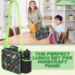 Minecraft Lunch Bag for Kids Insulated Lunch Box Creeper Snacks Food Carrier Options with Water Bottle for School Travel Picnic Cooler Bag (Black/Green) - Get Trend