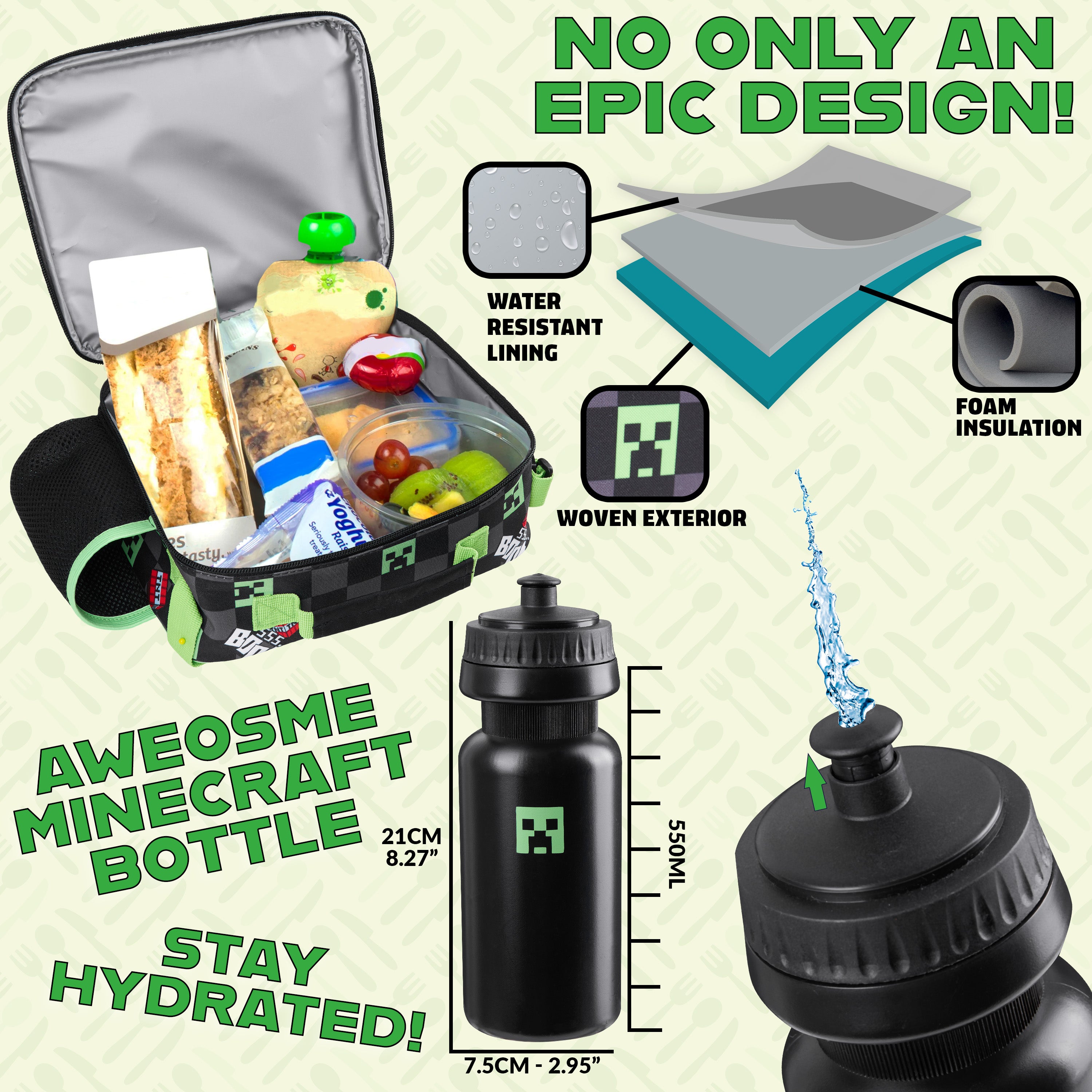 Minecraft Lunch Bag for Kids Insulated Lunch Box Creeper Snacks Food Carrier Options with Water Bottle for School Travel Picnic Cooler Bag (Black/Green) - Get Trend