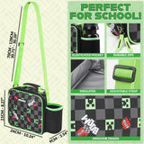 Minecraft Lunch Bag for Kids Insulated Lunch Box Creeper Snacks Food Carrier Options with Water Bottle for School Travel Picnic Cooler Bag (Black/Green) - Get Trend