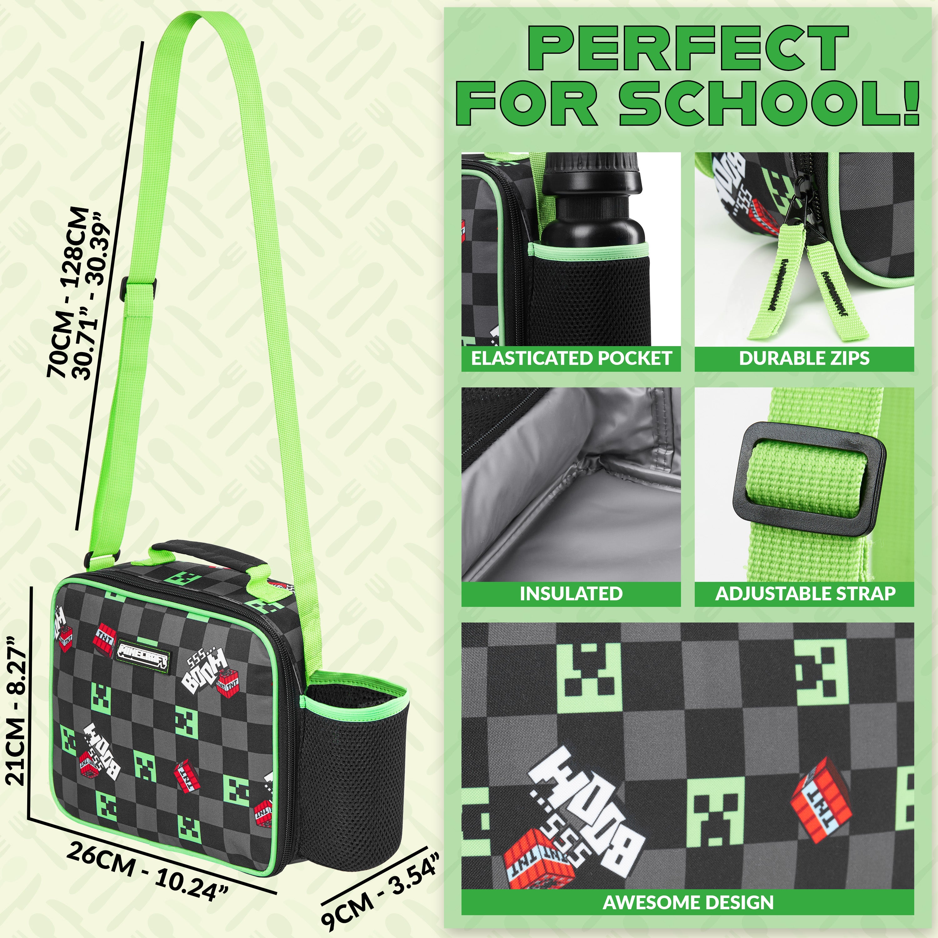 Minecraft Lunch Bag for Kids Insulated Lunch Box Creeper Snacks Food Carrier Options with Water Bottle for School Travel Picnic Cooler Bag (Black/Green) - Get Trend