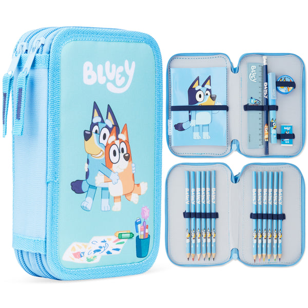 Bluey Filled Pencil Case for Kids with 2 Compartments, Stationery Included - Primary School Supplies