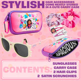 Get Trend Sunglasses and Hair Accessories Set for Girls With Clips Scrunchie Carry Case 100% UV Protection Sunglasses for Travel Holidays Days Out Girls Gifts