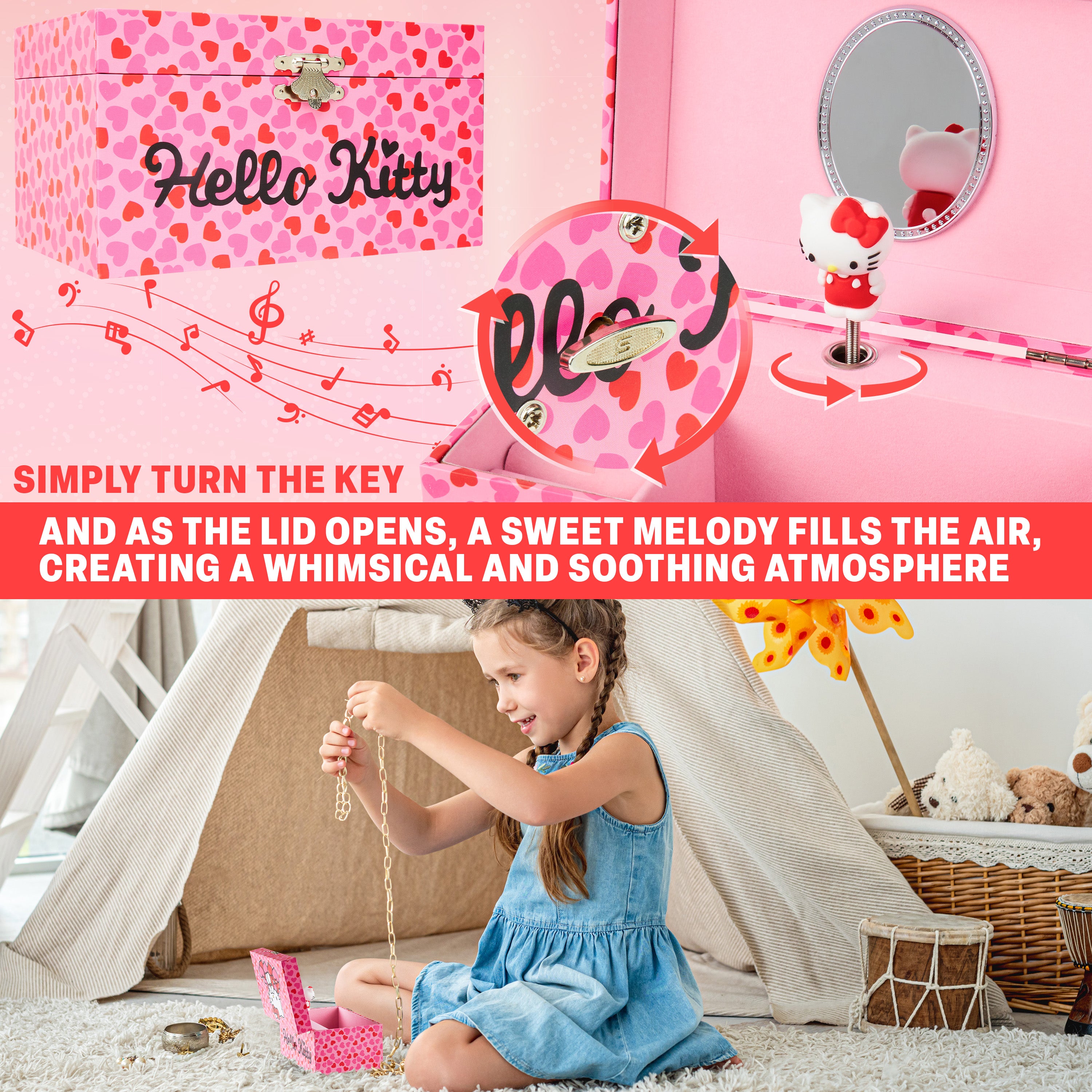 Hello Kitty Jewellery Box Musical Wind Up Spinning Figure Kawaii Keepsake Memory Box Girls Teens Ring Slots Organiser Bedroom Decor Anime Gifts for Girls - Get Trend